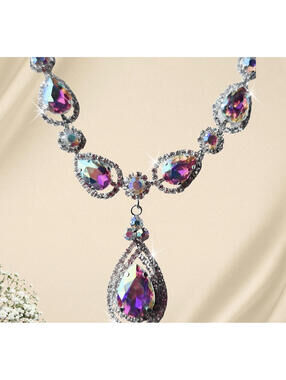 Aurora Borealis Crystal Pendant Necklace Silver Tone 18” + Extender Rhinestone